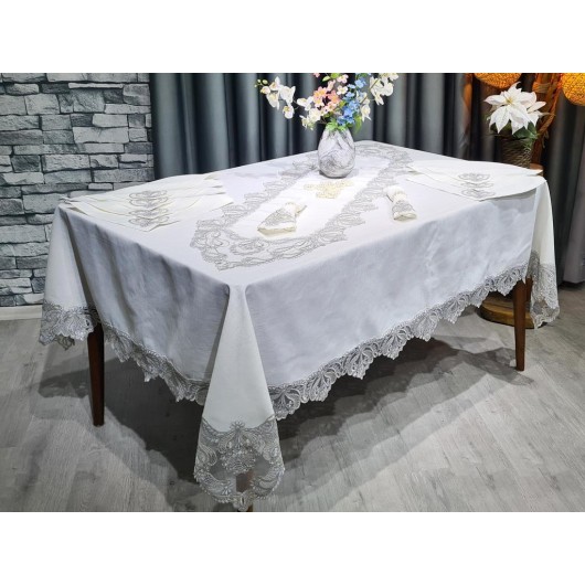 French Guipure Tablecloth Set 26 Pieces, Cream - Silver Firuze