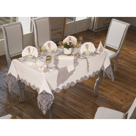 طقم مفرش طاولة 26 قطعة من الكتان الزنبق  اللون كريمي رمادي