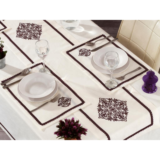 Purple Embroidered Linen Tablecloth Set Of 14 Pieces