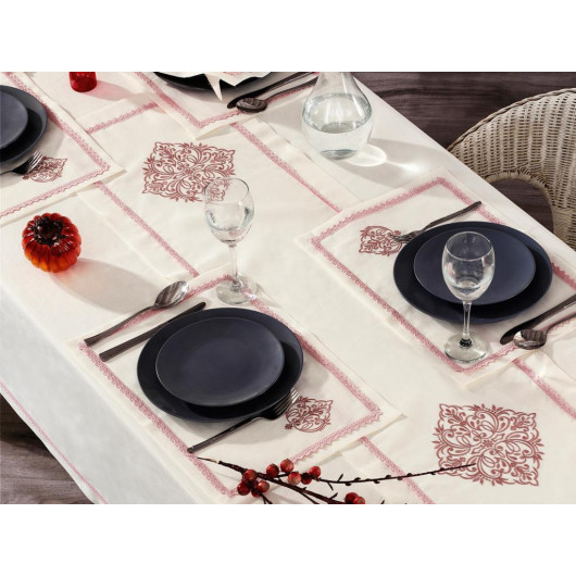 14-Piece Embroidered Linen Tablecloth Set, Pink Color