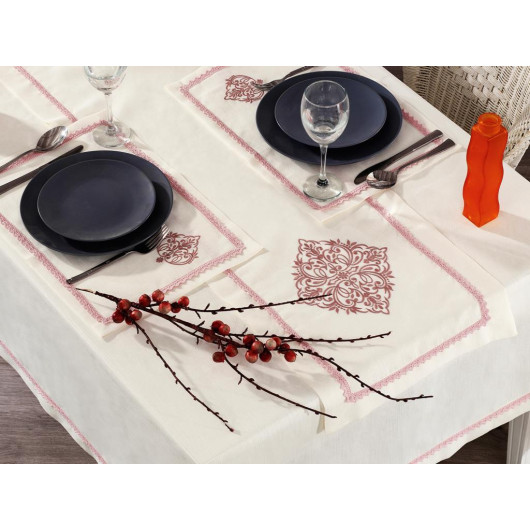 14-Piece Embroidered Linen Tablecloth Set, Pink Color