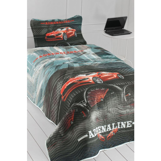 A Children Bedsheet With A Racing Car Illustration