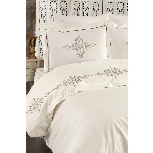 Alya Embroidered Double Duvet Cover Set Cream - Gray