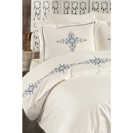 Alya Embroidered Double Duvet Cover Set Cream - Blue