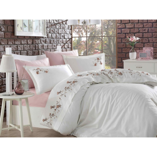 Anetta Pink/Cream Powder 3D Embroidered Cotton Sateen Duvet Cover Double Duvet Cover Set