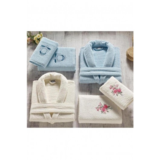 Family Bathrobe/Robe Set Cream-Ardora Bukle Blue