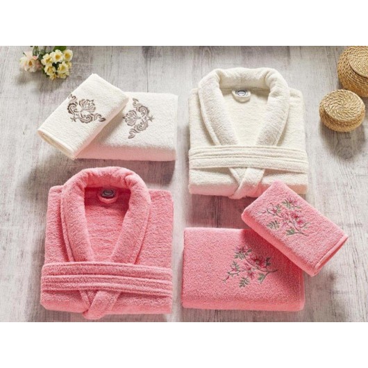 Cream Family Bathrobe/Robe Set - Ardora Bukle Pomegranate Flower