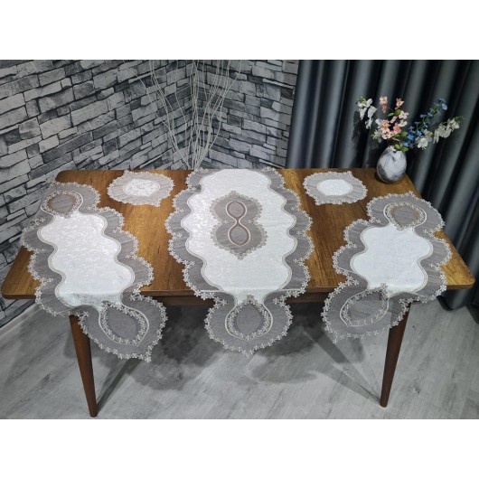 5-Piece Velvet Fabric Bedding Set For Living Room Cream-Silver Aygün