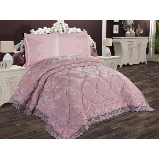 Embroidered Velvet Comforter Set, 6 Pieces, Bright Pink Color