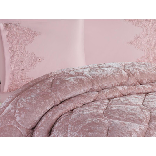 Embroidered Velvet Comforter Set, 6 Pieces, Bright Pink Color