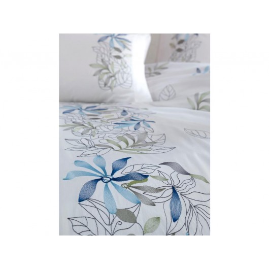 Bahar Blue-Cream Embroidered Cotton-Satin Duvet Cover Set