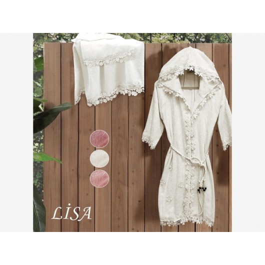 Lisa Women's Lace Hooded/Bamboo Robe/Hat Robe Set Cream Color