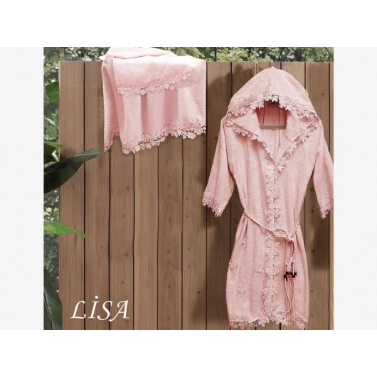 Lisa Powder Lace Bamboo Lace Hooded/Cover/Hat Women's Bathrobe Set