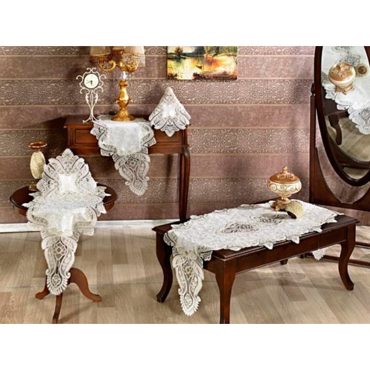 5-Piece Living Room Tablecloth Set, Cream Velvet Fabric