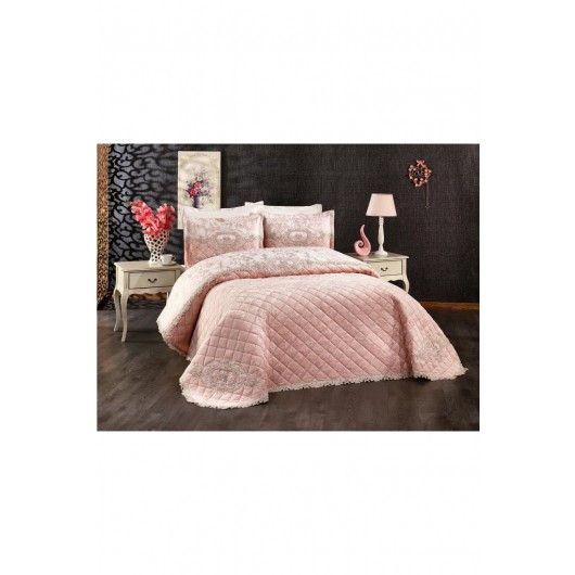 Boutique French Guipureed Velvet Dowry Bedspread Powder