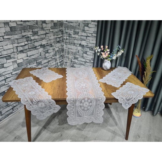 5-Piece Tulle Net Living Room Tablecloth Set, Silver Color, Çeyiz Diyarı