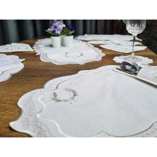 Land Of Dowry Bow Embroidered 19 Piece Placemat Set Cream