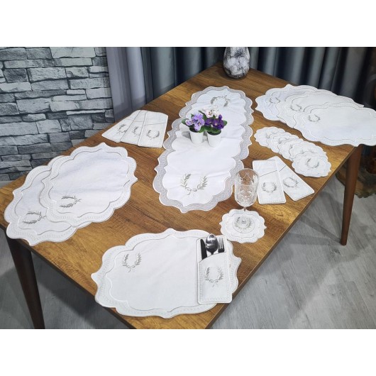Land Of Dowry Bow Embroidered 19 Piece Placemat Set Cream