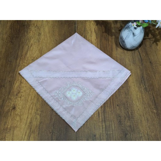 Cover Made Of Satin Fabric, Color Pink, Size 85X85 Cm. Lace On It