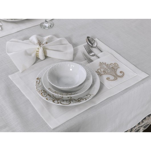 Tablecloth Set For 8 Persons Cream-Cappuccino Çeyiz Diyarı Gülfem