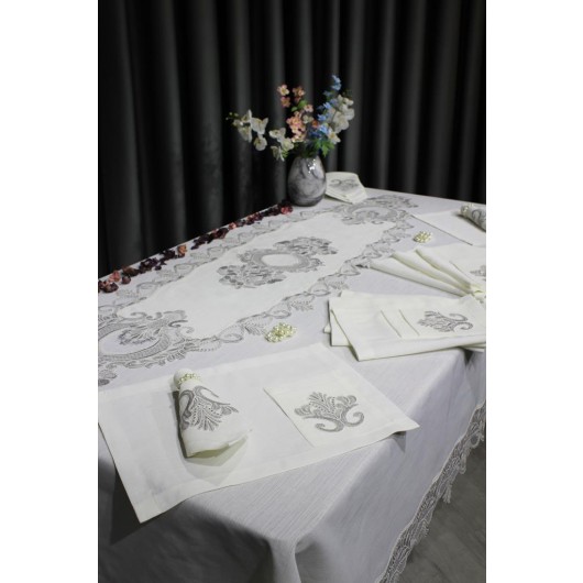Tablecloth Set For 8 Persons, Cream-Silver Color Çeyiz Diyarı Gülfem