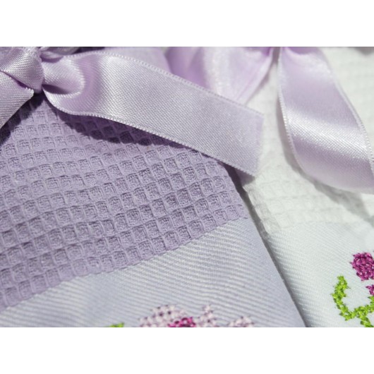 Çeyiz Diyarı Embroidered Cross Stitch Kitchen Towel/Napkin 2 Pieces Lilac