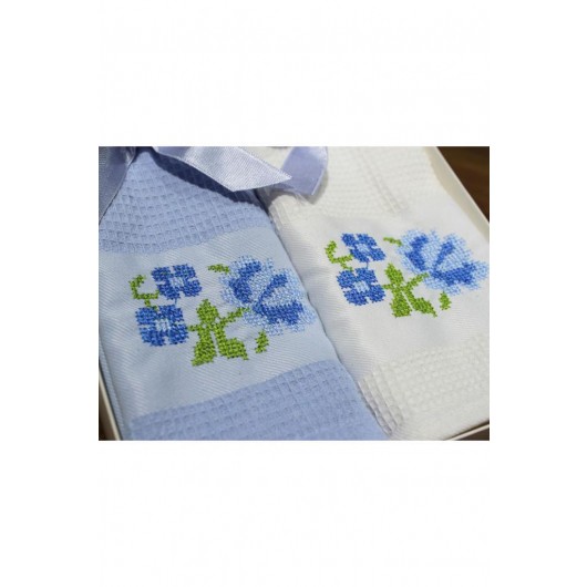 2-Piece Cross Stitch Embroidered Kitchen Towel/Tissue Blue Çeyiz Diyarı