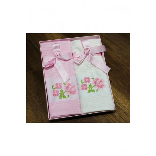 Çeyiz Diyarı Embroidered Cross Stitch Kitchen Towel/Tissue 2 Pieces Pink