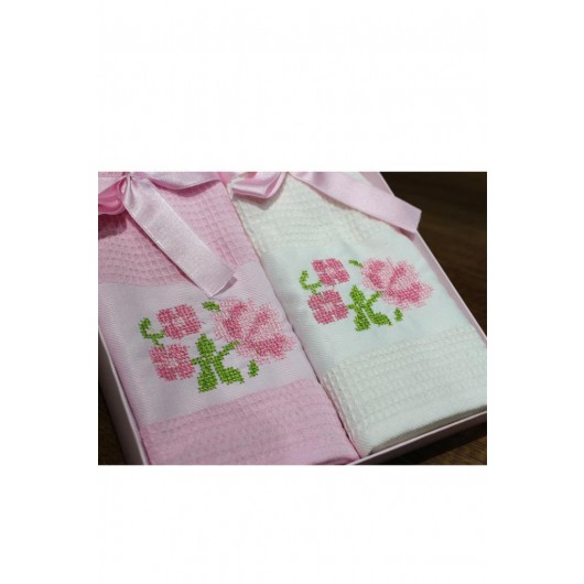 Çeyiz Diyarı Embroidered Cross Stitch Kitchen Towel/Tissue 2 Pieces Pink