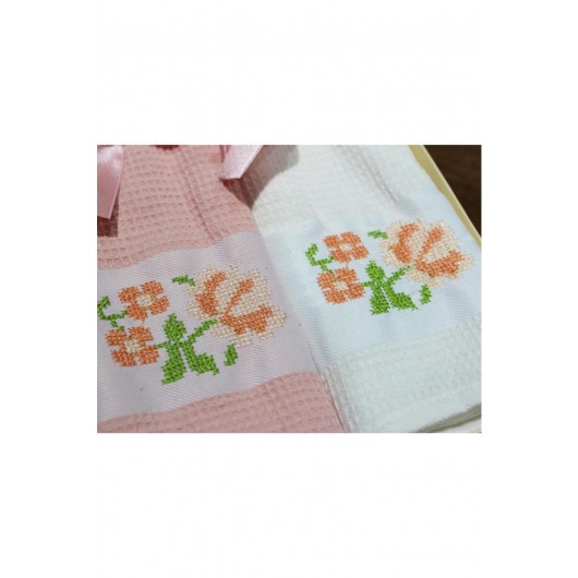 Cross Stitch Embroidered Kitchen Towel/Tissue 2 Pieces Light Orange Çeyiz Diyarı