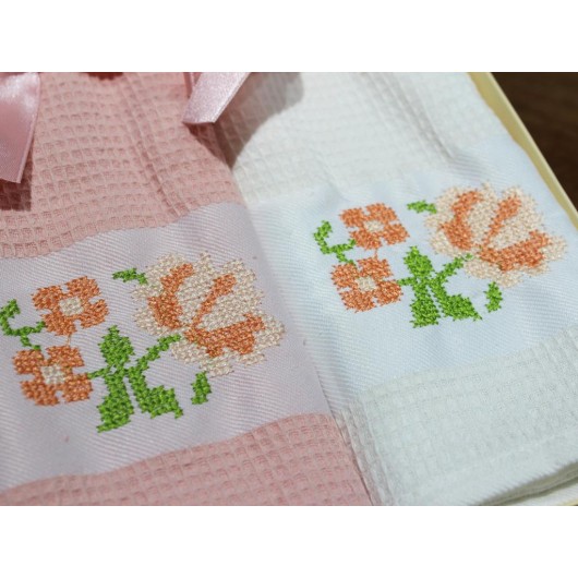 Cross Stitch Embroidered Kitchen Towel/Tissue 2 Pieces Light Orange Çeyiz Diyarı