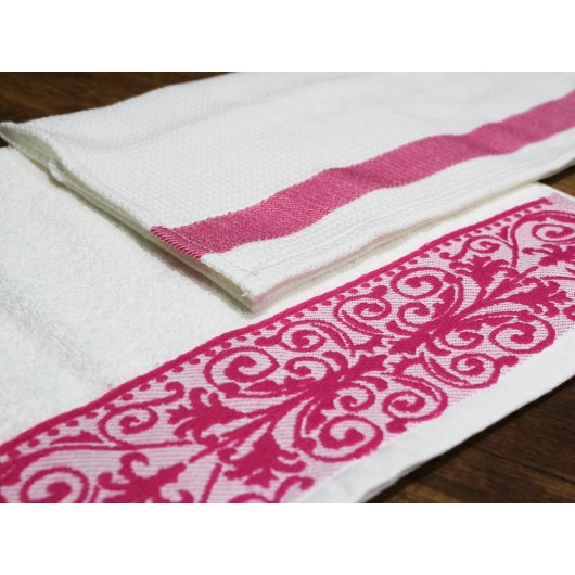 Jacquard Kitchen Towel Set Of Two Pieces, White And Pink