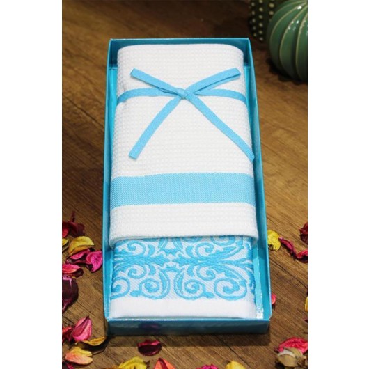 Jacquard Kitchen Towel Set In Turquoise White Color