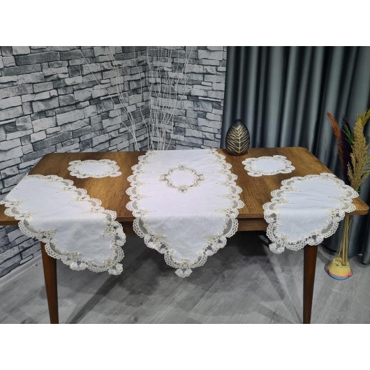 5-Piece Cream-Gold Linen Bedspread Set For Living Room Çeyiz Diyarı Selina