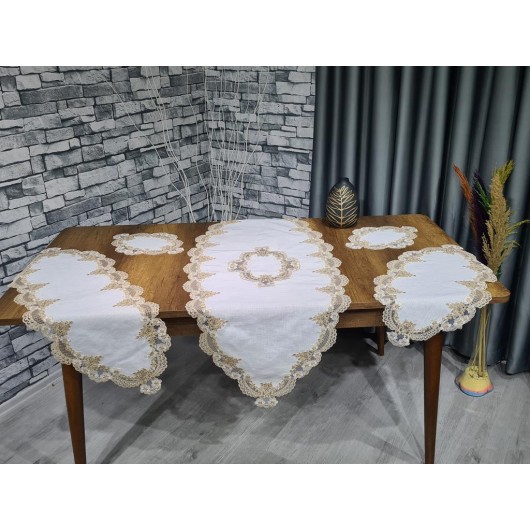 5-Piece Linen Bedspread Set For Living Room Cream-Brown Çeyiz Diyarı Safir