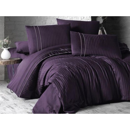 Stripe Style Cotton Satin Double Duvet Cover Set Purple