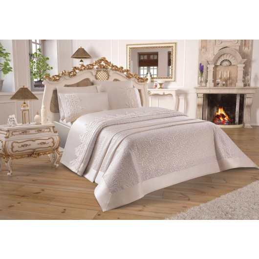 7-Piece French Guipure Bridal Bedding Set, Cream, Çeyizdiyarı Diana