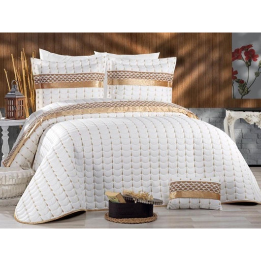 Luxurious Turkish Bedspread For Two (Two Doubles) Micro Cream-Gold Color