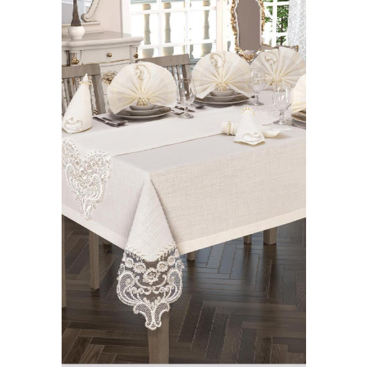 Turkish Jacquard Tablecloth With French Lace 26 Pieces