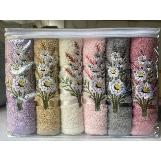 Daisy Flush Bordered Embroidered 6 Pcs Hand Face Towel Set