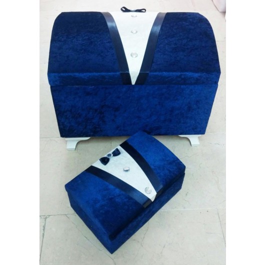 Navy Blue Groom Suit Plush/Velvet Two Piece Dowry Box