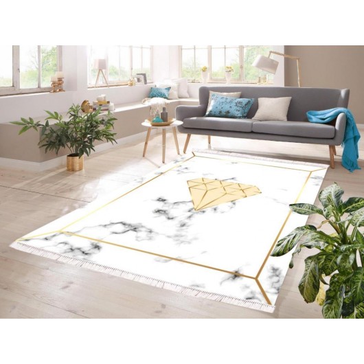 Plush Carpet With Digital Print, Non-Slip, White-Gold, 80X150 Cm. Diamond