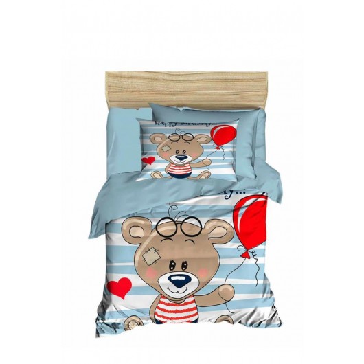 Children's Duvet Cover Set With A 3D Digital Print In The Shape Of A Bear In Aqua-Green
