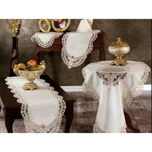 طقم مفرش طاولة  لغرفة المعيشة  من الكتان 5 قطع لون زهري كاشف