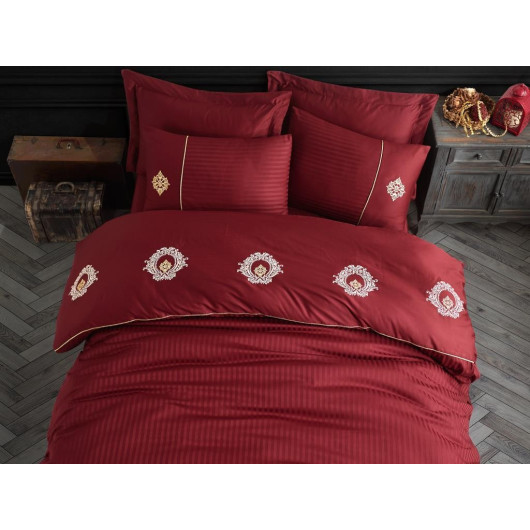 Elegant Double Duvet Cover Set, Made Of Cotton Satin, Embroidered In Claret Red / Burgundy Olimpos