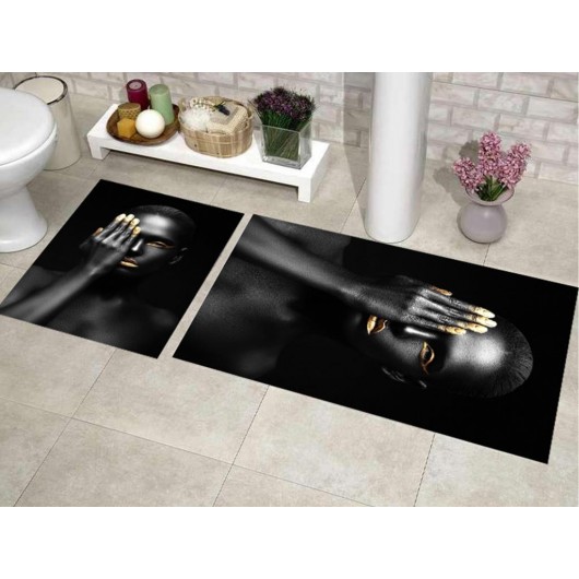 Luxurious Rectangular Bath Mat/Carpet Set Of 2 Pieces With Black Face Design