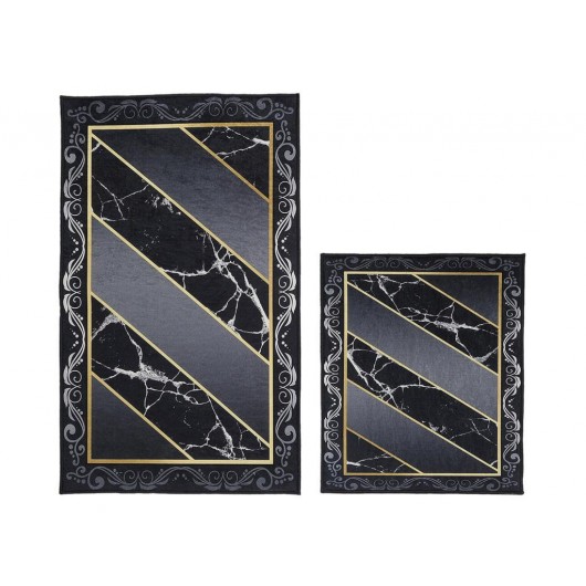 Deluxe 2-Piece Rectangular Bath Mat/Carpet Set With Mirror Design Black Elite