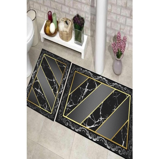 Deluxe 2-Piece Rectangular Bath Mat/Carpet Set With Mirror Design Black Elite