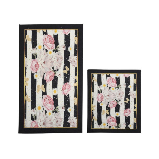 Luxury Rectangular Bath Mat/Carpet Set Of 2 Pieces Striped Black-Pink Elit
