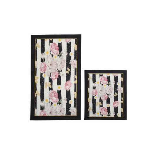 Luxury Rectangular Bath Mat/Carpet Set Of 2 Pieces Striped Black-Pink Elit